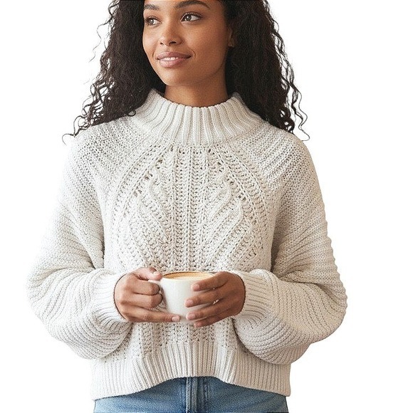 Chicwish Sweaters - ChicWish Womens Sweater Sz S White Cable Knit Balloon Sleeve Cropped Cozy Casual
